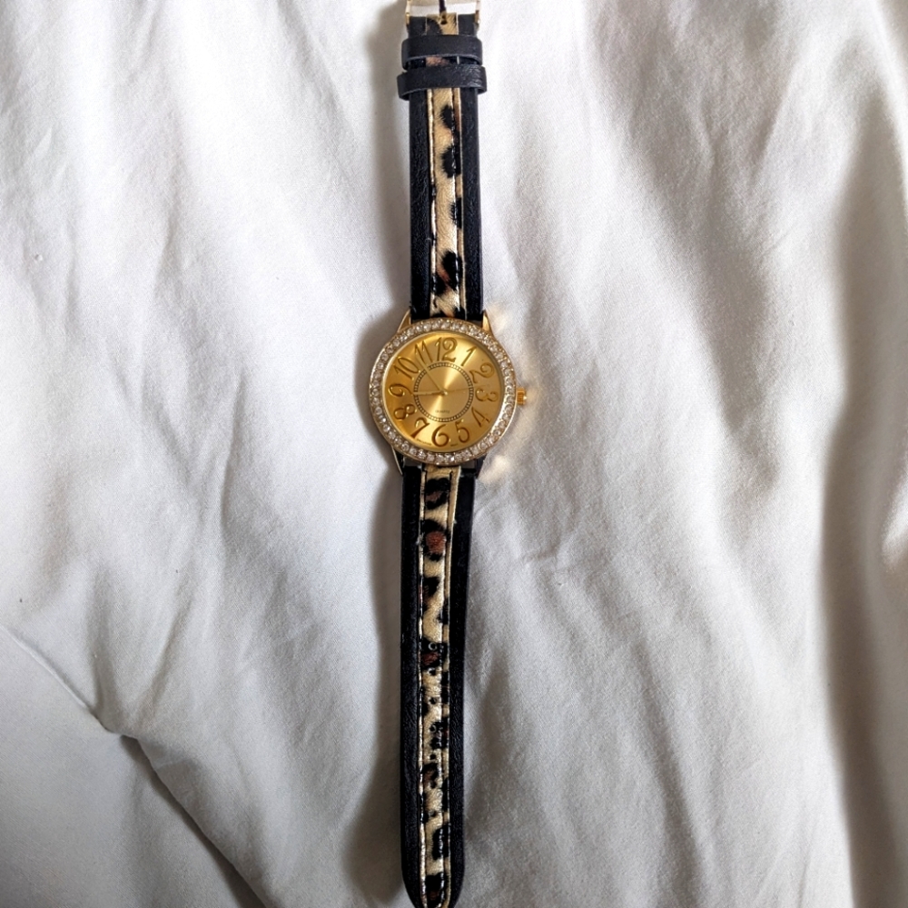 Animal print and gold watch with rhinestones